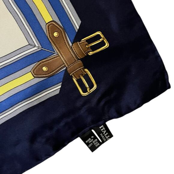 Longchamp Square Silk Scarf Ribbon Design Navy Border 90x90 cm 35x35 inches - Picture 7 of 9
